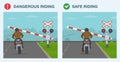 Correct and wrong railroad crossing by motorcycle. Back view of a biker tries to slip through closing gate on level crossing. Royalty Free Stock Photo