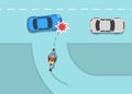 Front end crash on the road. Turning motorcycle collision with moving car. Top view. Royalty Free Stock Photo