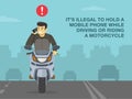 It`s illegal to hold mobile phone while driving or riding a motorcycle. Happy moto rider talking on the phone on road.