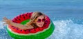 Safe rest with a child on the water. Protection from the sun. An unforgettable vacation Royalty Free Stock Photo