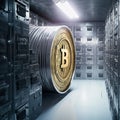 Safe room with deposit boxes in the modern bank and huge heavy thick round door to treasury with bitcoin sign. Money and