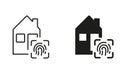 Safe Smart Home with Fingerprint Pictogram. Real Estate with Biometric Identification Line and Silhouette Black Icon Set