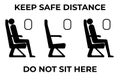 Safe social distance banner for travelling by airplane. Do not sit here sign. Keep range during travel by plane during Royalty Free Stock Photo