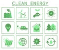 Safe sources of energy. Green flat set of icons related to renewable energy sources. Vector icons Royalty Free Stock Photo