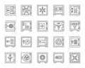 Safe simple black line icons bank cell vector set Royalty Free Stock Photo