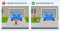 Safe and unsafe backing car up. Car moving reverse while male kid plays with ball behind. Back view.