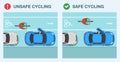 Safe and unsafe cycling. Avoiding the door zone. Top view of a cyclist and parked cars.