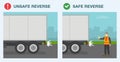 Safe and unsafe reverse. Spotter helps to reverse truck and shows stop gesture. Side view.