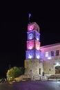 Night view of the clock tower of Wolfson Community Center building in a square in the old city of Safed in northern Israel Royalty Free Stock Photo