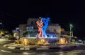 Night view of the metal figures of Kleizmers - Jewish musicians in Edmond Safra Square in the old city of Safed in northern Israel