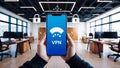 Safeguarding Digital Privacy: Secure VPN Connection via Smartphone in a Modern Workspace in the background