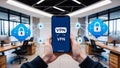 Safeguarding Digital Privacy: Secure VPN Connection via Smartphone in a Modern Workspace in the background
