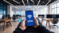 Safeguarding Digital Privacy: Secure VPN Connection via Smartphone in a Modern Workspace in the background