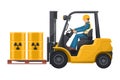 Safely drive a forklift. Fork lift truck transporting a pallet with a barrel of radioactive materials. Safety when driving