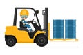 Safely driving a forklift. Fork lift truck with barrel pallet of hydraulic or petroleum oil, toxic materials. Forklift driving