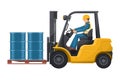 Safely driving a forklift. Fork lift truck with barrel pallet of hydraulic or petroleum oil, toxic materials. Lift truck driving