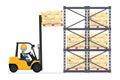 Safely driving a forklift. Fork lift truck lifting pallet with boxes to an industrial warehouse rack. Forklift driving safety.