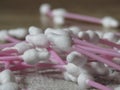 A pile of spilled Safety baby cotton buds. Ear sticks with cotton buds for cleaning ears. Royalty Free Stock Photo