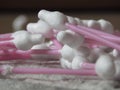 A pile of spilled Safety baby cotton buds. Ear sticks with cotton buds for cleaning ears.