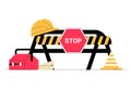 Safety Barricade With Stop Sign, Hard Hat, Toolbox, And Construction Plans In Flat Vector Illustration Symbolizing Royalty Free Stock Photo