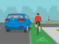 Safety bicycle driving. Blue suv car is turning right in front of cyclist on bike lane. Avoid the right hook. Royalty Free Stock Photo