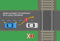 Safety car driving rules. Never attempt to overtake on a level crossing. Level crossing without barriers. Top view of city road.