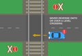 Safety car driving rules. Never reverse onto or over a level crossing. Top view of city road.