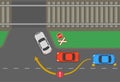 Never try to overtake on a level crossing. Level crossing without barriers. Top view of city road.