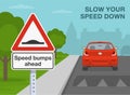 Safety car driving rules. Speed bump on the city road. Close-up view of speed bumps ahead warning sign. Royalty Free Stock Photo