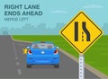 Close-up view of a right lane ends ahead merge left road sign meaning. Mandatory movements in lanes rule. Royalty Free Stock Photo