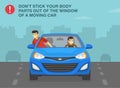 Reckless passenger dangles out car front window on highway road. Don\'t stick your body parts out of the window.