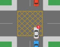 Safety car driving tips and traffic regulation rules. Yellow box junction rule. Wrong position on the junction road.