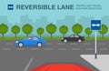 Car is reaching the intersection with reversible lane. Sign indicates that traffic may travel in either direction.