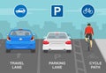 Safety car driving and traffic regulation rules. Road with protected parking bike lane. Signs and road markings meaning. Royalty Free Stock Photo