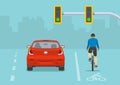 Traffic regulation rules and tips. Back view of sedan car and cyclist at traffic lights on a blue background.