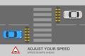 Safety car driving and traffic rules. Top view of speed bumps on a city road and warning road sign. Adjust your speed.