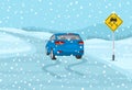 Safety car driving at winter season. Blue suv car is reaching the icy road. Slippery, wet roadway warning sign. Royalty Free Stock Photo