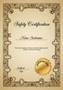 Safety Certification document features ornate border of antique keys and locks. The Royalty Free Stock Photo