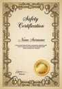 Safety certification document featuring ornate border designs with keys and locks. Royalty Free Stock Photo