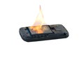 Safety concept- Mobile phone battery explodes and burns due to overheat on white background