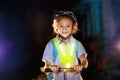 Safety on dark street. Kids reflective vest