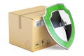 Safety delivery concept, shield with cardboard box parcel. 3D re