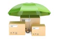 Safety delivery concept, umbrella with cardboard boxes, parcels.