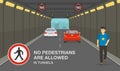 City tunnel restrictions. Man ignoring road or traffic rule and walking through high-speed tunnel.