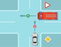 Safety driving rules. Give way to emergency vehicles rule at crossroads with priority signs. Fire truck car goes first.