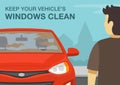 Safety driving rules and tips. Keep your vehicle`s windows clean warning design. Close-up view of a dust dirty front windshield.