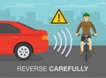 Safety driving rules and tips. Reverse carefully infographic. Car moving back.