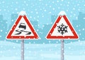 Safety driving rules and tips. Winter snow and icy road traffic signs.