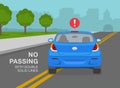 Safety driving rules. Use of street lines. Sedan car is passing double solid lines. No passing with double solid lines warning.