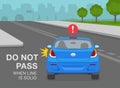 Safety driving rules. Use of street lines. Sedan car is passing one solid and broken line. Don`t pass when line is solid.